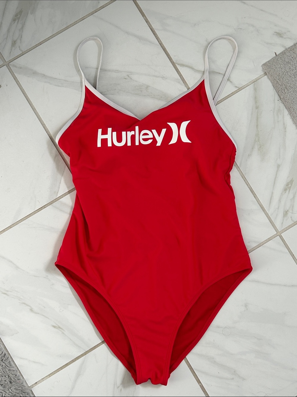 Hurley Red One-Piece Swimsuit with White Logo and Trim